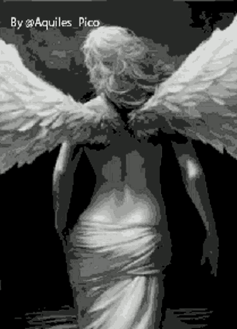a pixel art of a woman with angel wings and the name aquiles pico on the bottom