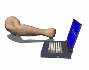 a cartoon of a man 's arm coming out of a laptop with the words guoblok on it