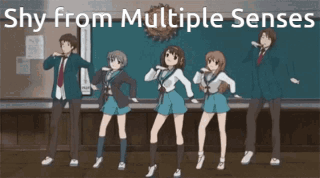 a group of anime characters are dancing with the words shy from multiple senses behind them