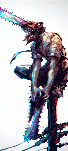 a drawing of a man with a chainsaw in his mouth