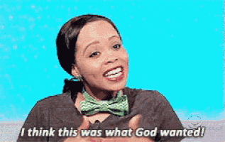 a woman wearing a bow tie is saying i think this was what god wanted .