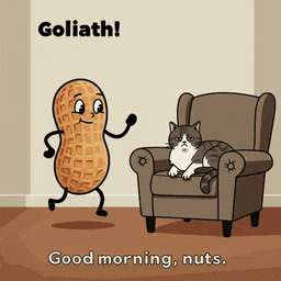 a cartoon of a peanut standing next to a cat on a chair that says goliath good morning nuts