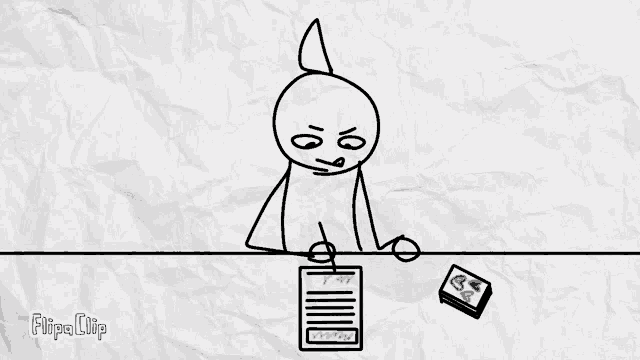 a black and white drawing of a person signing a document with flipa clip written on the bottom right