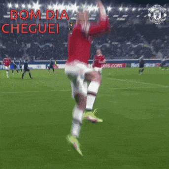 a soccer player is jumping in the air with the words bom dia cheguei in red
