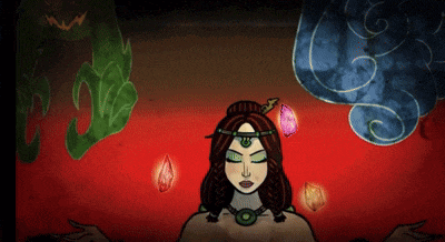 a cartoon drawing of a woman with a green circle around her neck