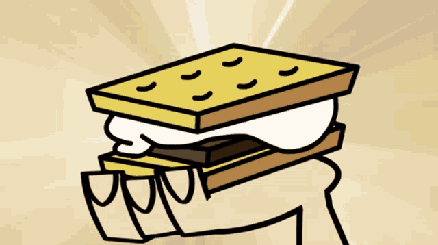 a cartoon of a person holding a s'mores sandwich in their hand