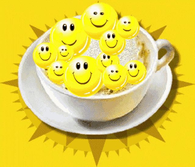 smiley faces are floating in a cup of coffee