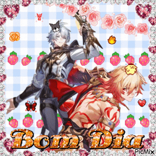 a picture of two anime characters with bom dia written on it