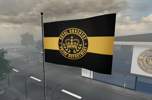 a black and gold flag with the words royal coventry police department