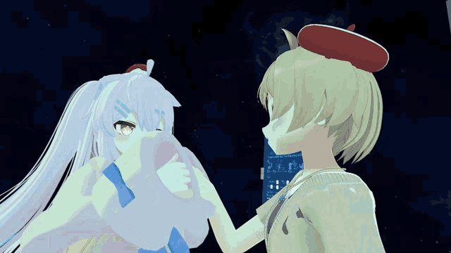 a couple of anime characters standing next to each other with one wearing a red beret