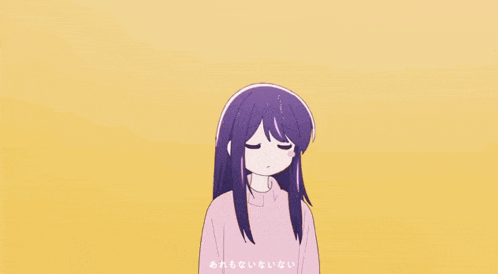 a girl with purple hair is wearing a pink sweater with a yellow background