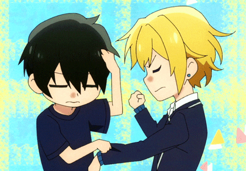 a cartoon of a boy with a black shirt and a boy with yellow hair standing next to each other