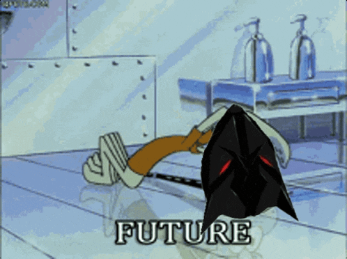 a cartoon character is laying on the floor with the word future written on it