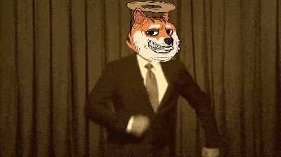 a dog in a suit stands in front of a curtain that says let 's go
