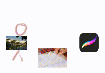 a drawing of a stick figure with a picture of a building and a drawing of a person holding a pen