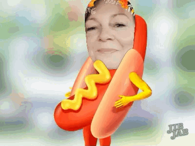 a cartoon of a woman dressed as a hot dog with arms and legs