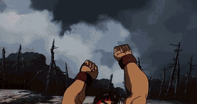 a cartoon drawing of a person with their fist in the air