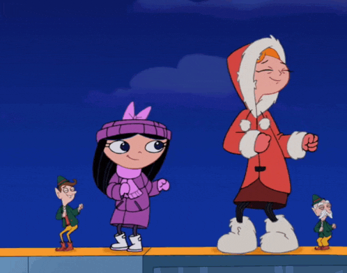 a group of cartoon characters standing on a ledge with one wearing a red coat