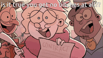 a cartoon character holding a piece of paper that says contract on it