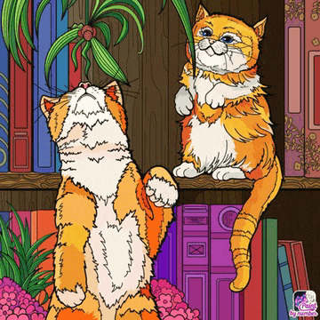 two cats are sitting on a bookshelf and one is holding a plant in its paws