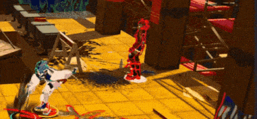 a video game is being played where a robot is kicking another robot in the face