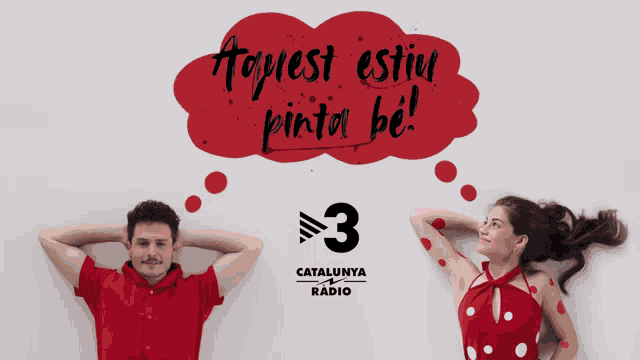 a man and a woman are standing next to each other in front of a sign that says catalunya radio