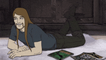 a cartoon of a man laying on his stomach with a magazine that says heavy metal on it