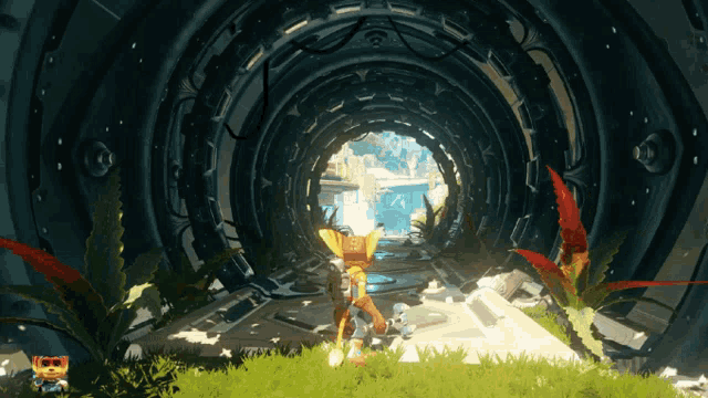 a video game character is standing in the middle of a tunnel surrounded by plants
