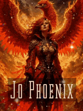 a painting of a woman with a phoenix behind her and the name jo phoenix on the bottom