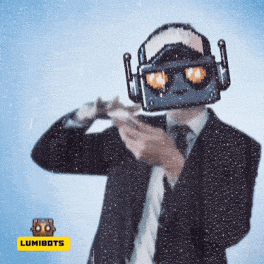 a man in a suit and tie is wearing a robot head