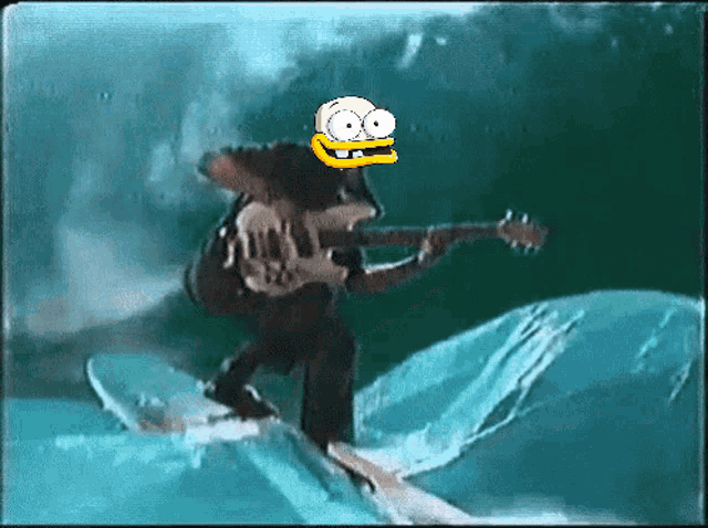 a cartoon of a man playing a guitar in the ocean
