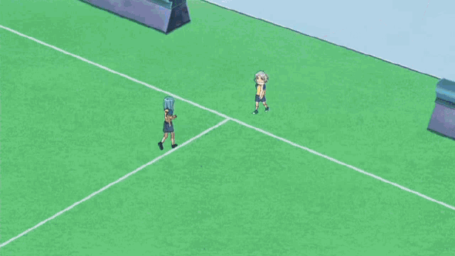 a couple of anime characters standing on a field with a building in the background