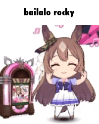 a cartoon girl is standing next to a jukebox with the words bailalo rocky written on it .