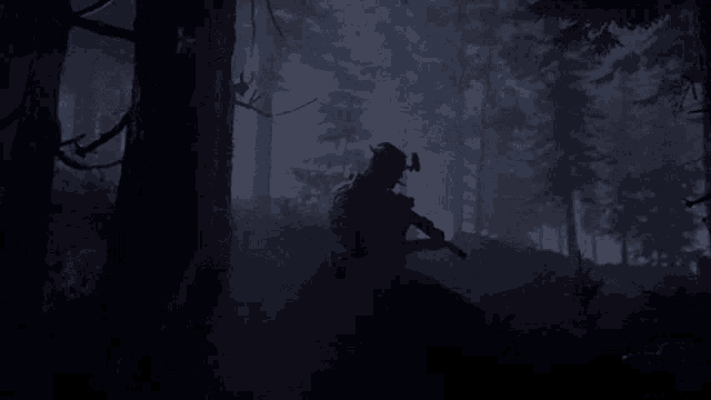a silhouette of a man in a dark forest