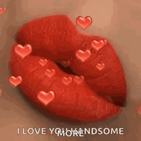 a close up of a woman 's lips with red lipstick and hearts coming out of it .