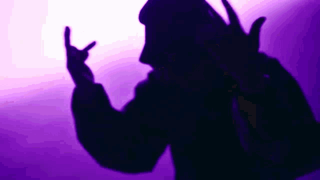 a silhouette of a person making a devil horns sign with their hands against a purple background .