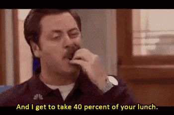 a man with a mustache is eating something and says `` and i get to take 40 percent of your lunch '' .