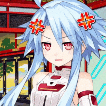 a girl with white hair and red eyes is making a angry face
