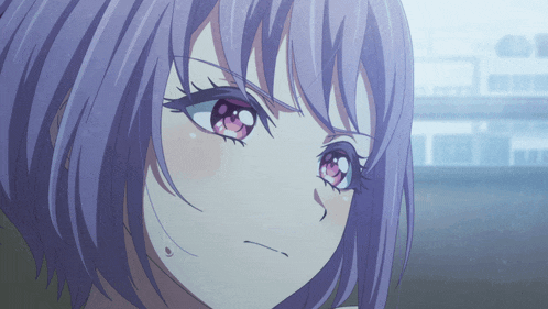 a girl with purple hair and pink eyes is making a funny face