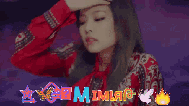 a woman in a red jacket is surrounded by the word mimir on a purple background