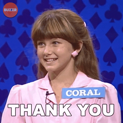 a woman with a name tag that says coral is smiling and saying thank you