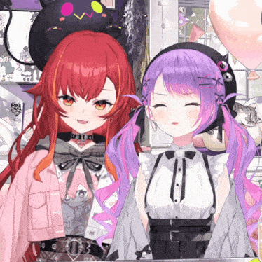 two anime girls are standing next to each other with one wearing a choker and the other wearing a hat