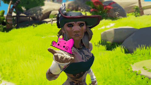 a woman in a video game holds a pink cat in her hand