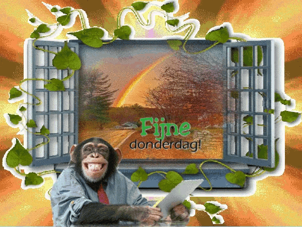 a chimpanzee is sitting in front of a window with the words fijne donderdag written on it
