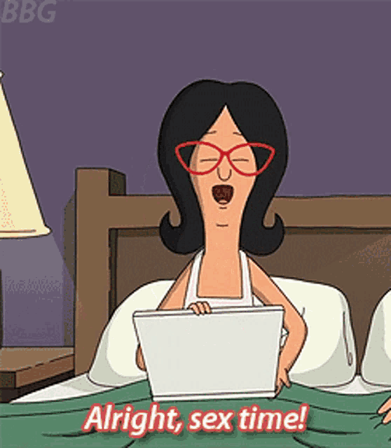 a cartoon of a woman laying in bed with a laptop and the words alright sex time below her