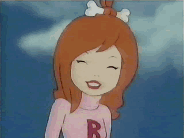 a cartoon girl with red hair and a bow in her hair is smiling