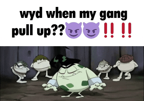 a group of cartoon characters are standing in front of a sign that says wyd when my gang pull up !!!