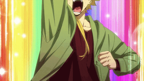 a man in a green jacket is screaming with a rainbow background behind him