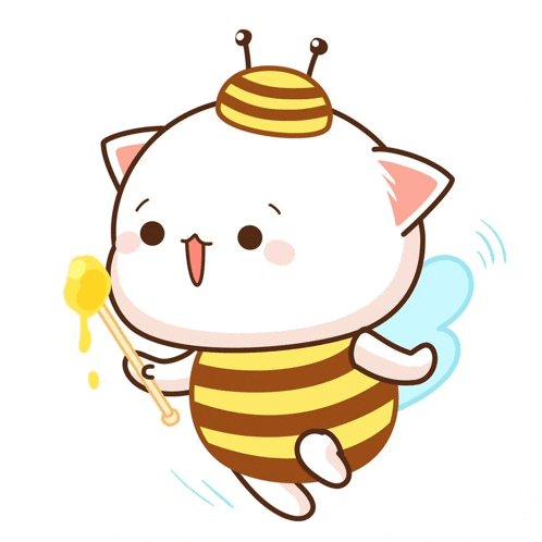 a cartoon cat is dressed as a bee and holding a honey dipper