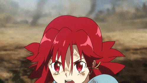 a close up of a red haired anime girl